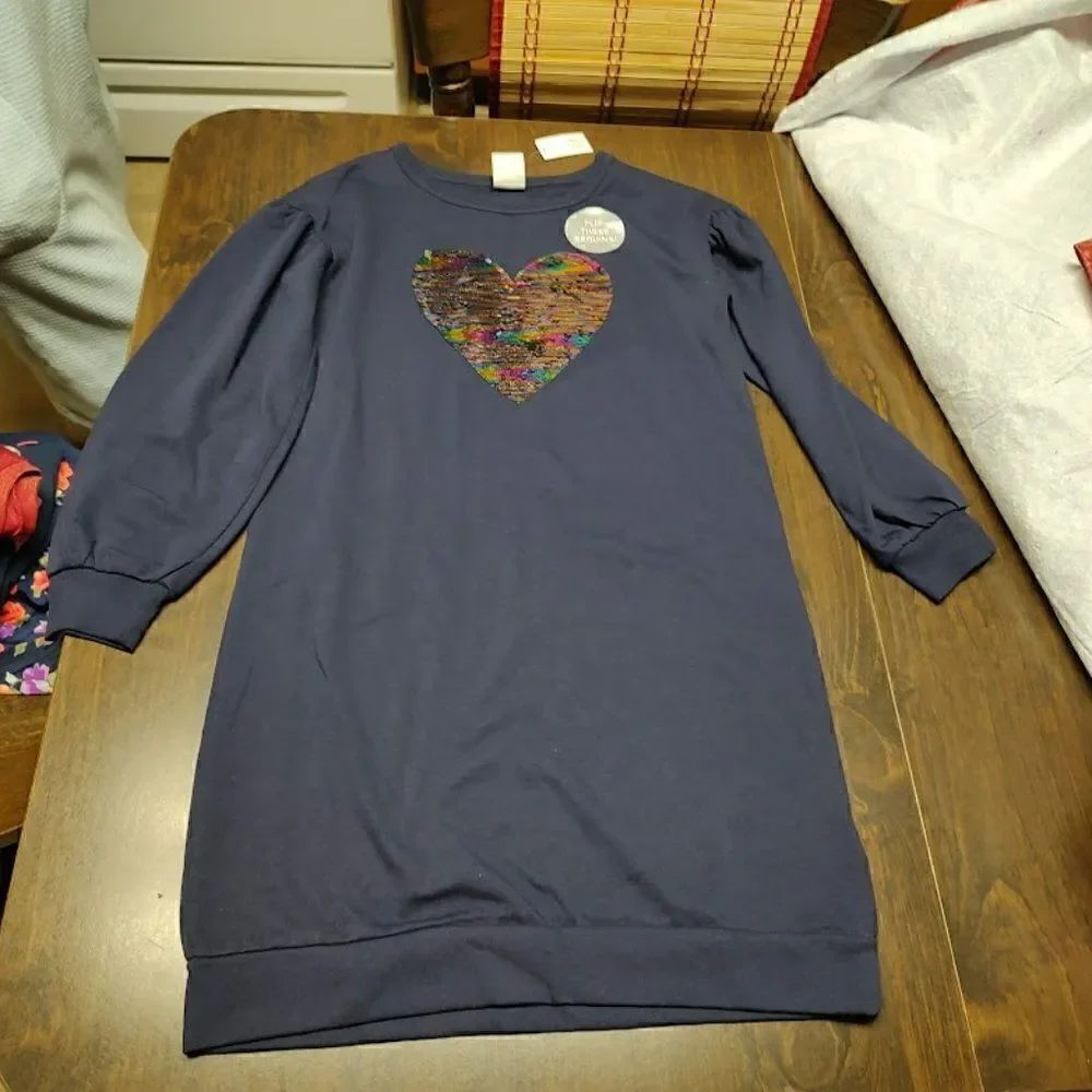 New Gap Navy Blue Sweatshirt Flip Heart Sequin Dress Size Girl's XL 12